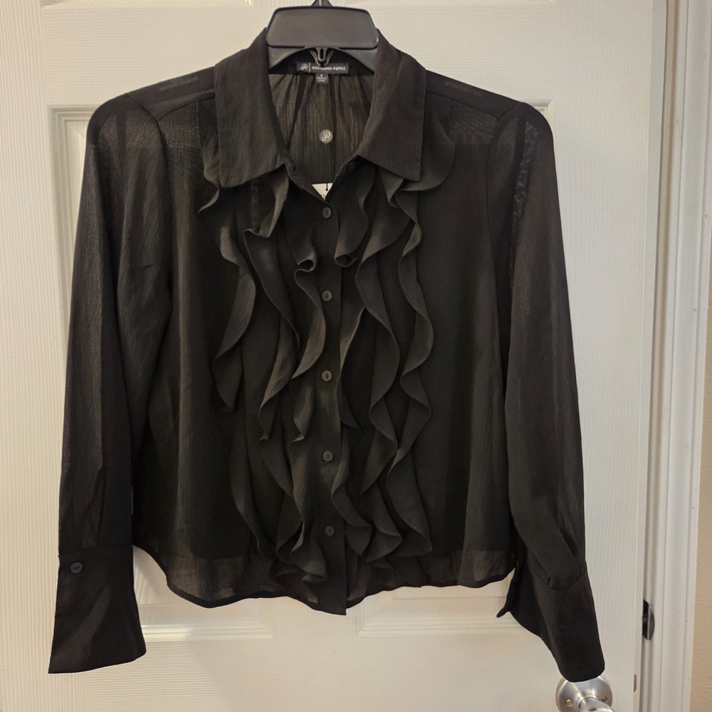 Adrianna Papell sz S button up ruffle sheer top NWT career office siren chic
